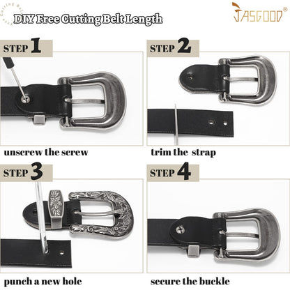 JASGOOD Women Leather Belts Ladies Vintage Western Belt Cowboy Cowgirl Country Belt Design Black Waist Belts for Pants Jeans Dresses