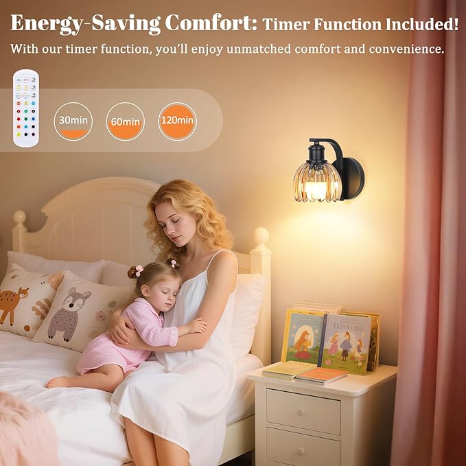 Rechargeable Battery Operated Wall Sconce with Amber Glass Lampshade, Wireless Wall Scone Decor with Remote Control, 15 Colors Black Wall Light for Bedside Hallway Bedroom Doorway