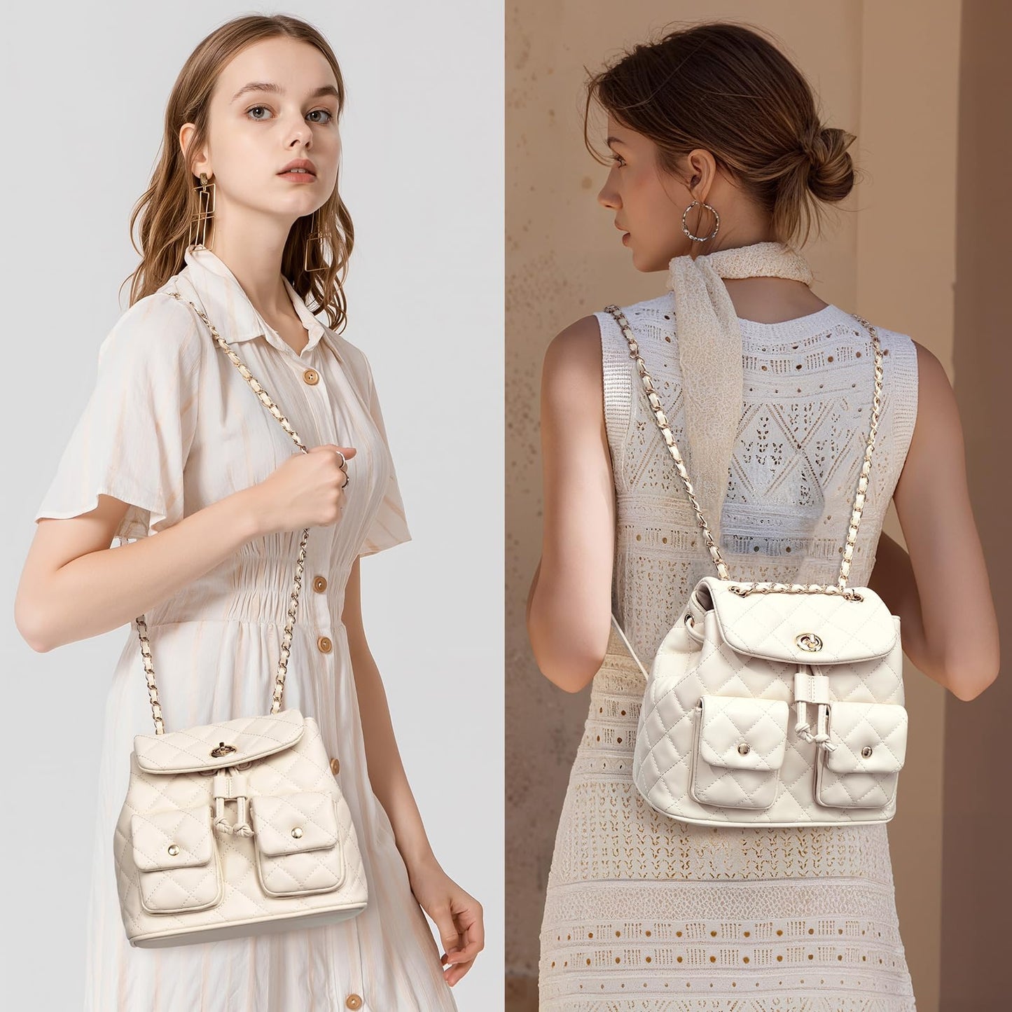 Lexiyat Small Backpack Purse for Women Leather Mini Backpack Convertible Designer Shoulder Bag Quilted Crossbody Purses Beige