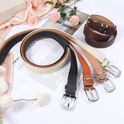 IMengjbang 5Pcs Womens Leather Belt Silver Buckle Fits Waist 25-35 Inches, Ladies Belts for Jeans with Silver Buckle 10 Adjustable Holes