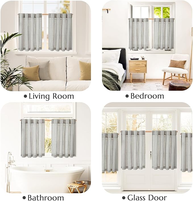 jinchan Striped Linen Kitchen Curtains 45 Inches Tier Curtains Farmhouse Modern Cafe Style Small Window Treatments Airy Light Filtering Rod Pocket for Living Room Bathroom 2 Panels Charcoal Grey