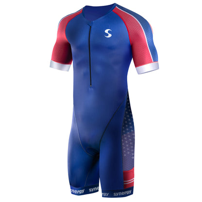 Synergy Triathlon Tri Suit - Men's Elite Short Sleeve Trisuit Cycling Skinsuit (USA, Medium)