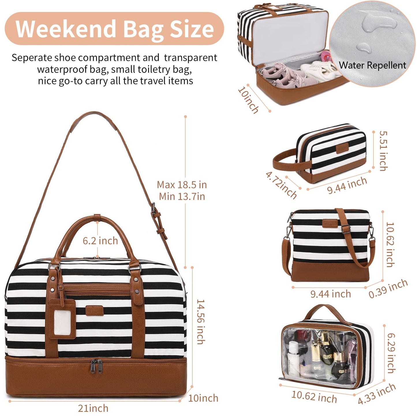 Wogarl 4PCS Weekender Bags for Women Large Overnight Bag Weekend Travel Duffel Bag Carry on Shoulder with Shoe Compartment Canvas Toiletry Bag for Travel Business Gym(Wide Black White-CH)