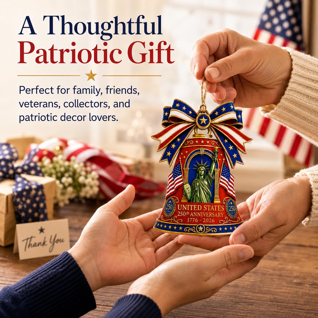 Red Wooden Liberty Bell 250 Anniversary USA Ornament, USA 250th Anniversary Merchandise, Fourth of July Decorations, Patriotic Decor, USA 250th Anniversary 4th of July Gifts, USA 250th Birthday Gifts