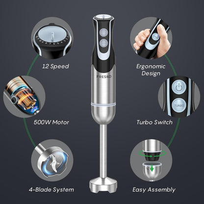 Immersion Blender Handheld, Stainless Steel Hand Electric Stick Mixer with 12-Speeds & Turbo Mode, Powerful 500W Emulsion Blender with Beaker, Chopper & Whisk for Smoothie, Puree, Baby Food