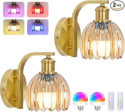 VerRon Rechargeable Battery Operated Wall Sconce Set of Two with Amber Glass Lampshade, Wireless Wall Scone Decor with Remote Control, 15 Colors Gold Wall Light for Bedside Hallway Bedroom Doorway