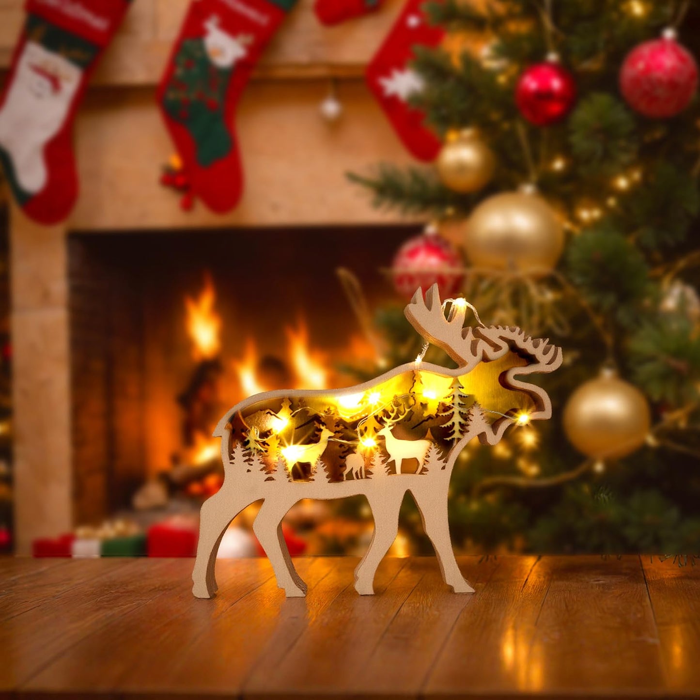 Drawelry 3D Wood Carving Animals Lamp Home Decorative, Cute Bear Family Elephant Presents Ideas Christmas Living Room Office Decor Warm LED Night Lights Gift for Friend Daughter Son Mom Dad (Moose)