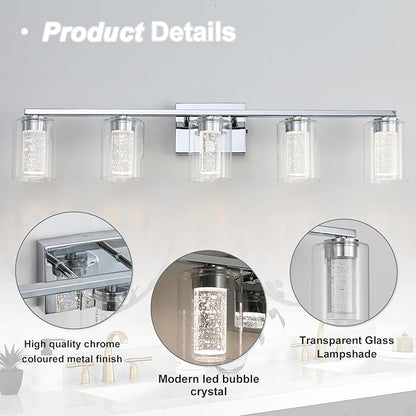 5 Light Chrome Bathroom Light Fixture, Dimmable 5CCT Chrome Bathroom Vanity Lights, 2700K-6500K Modern Crystal Bubble LED Wall Sconce Over Mirror with Clear Glass for Bedroom, Living Room