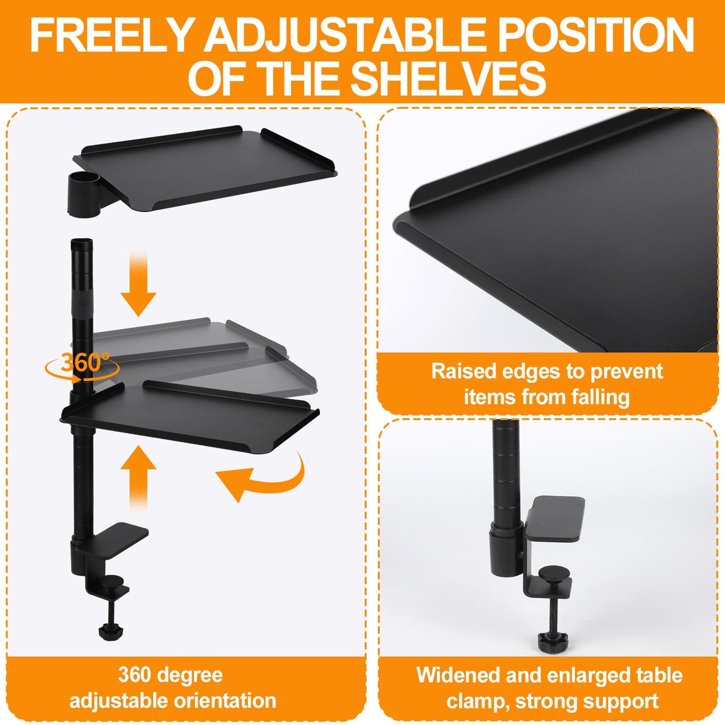 FBOAZI 3 Tier Clamp On Desk Shelf,360° Rotatable Adjustable Above or Under Desktop Organizer,Carbon Steel Storage Tray for Home Office and Gaming Accessories（Black）