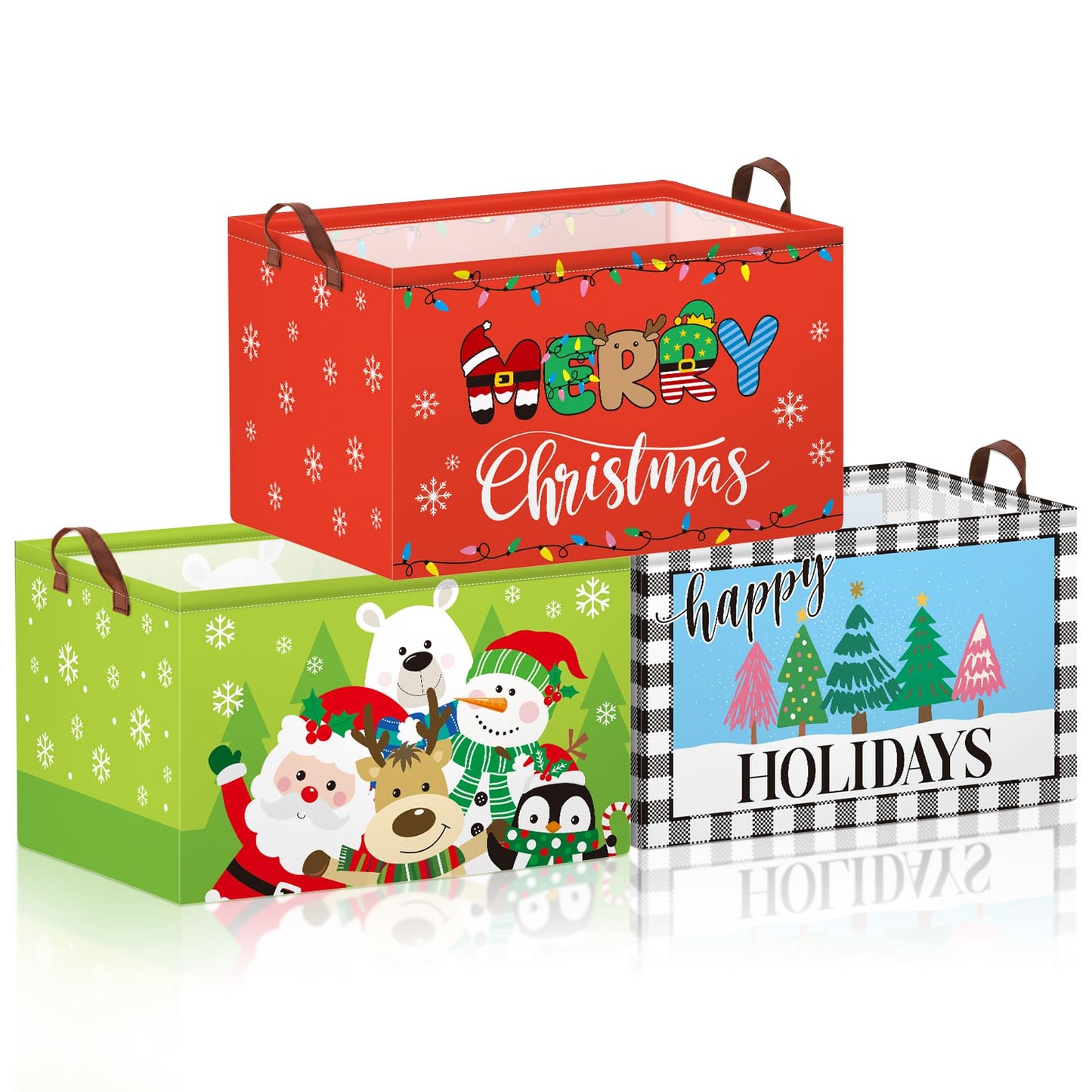 Boao 3 Pack Large Christmas Storage Baskets for Gifts Empty Collapsible Christmas Storage Bin with Handle, Xmas Canvas Laundry Basket for Home Bedroom Clothes Toys Closet Shelf Office Holiday Decor