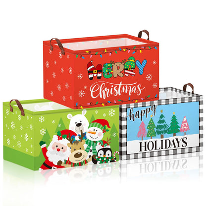 Boao 3 Pack Large Christmas Storage Baskets for Gifts Empty Collapsible Christmas Storage Bin with Handle, Xmas Canvas Laundry Basket for Home Bedroom Clothes Toys Closet Shelf Office Holiday Decor
