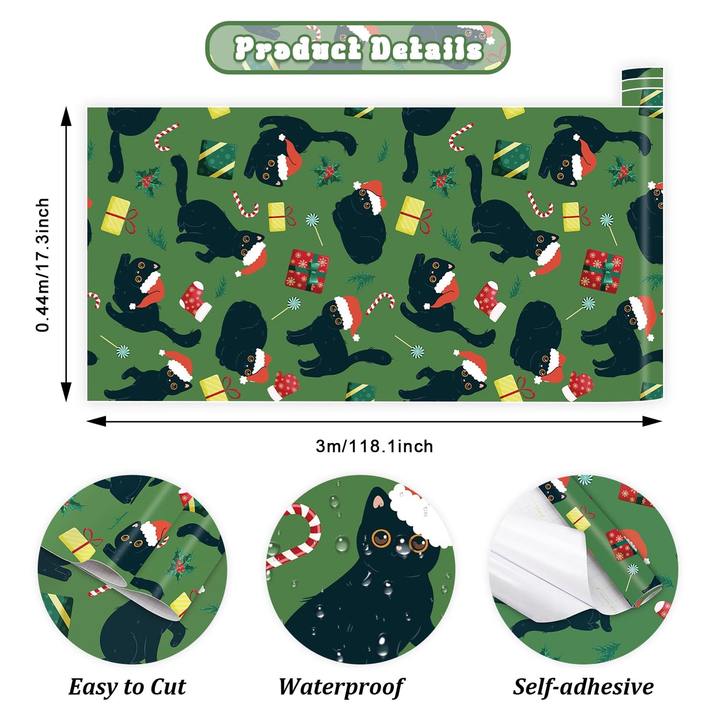 IARTTOP Christmas Cat Wallpaper Peel and Stick Christmas Party Contact Paper for Cabinets Black Cats Santa Hats Wallpaper Candy Cane Green Xmas Backdrop for Holiday Bedroom Cat Lovers(17.3"X118.1")