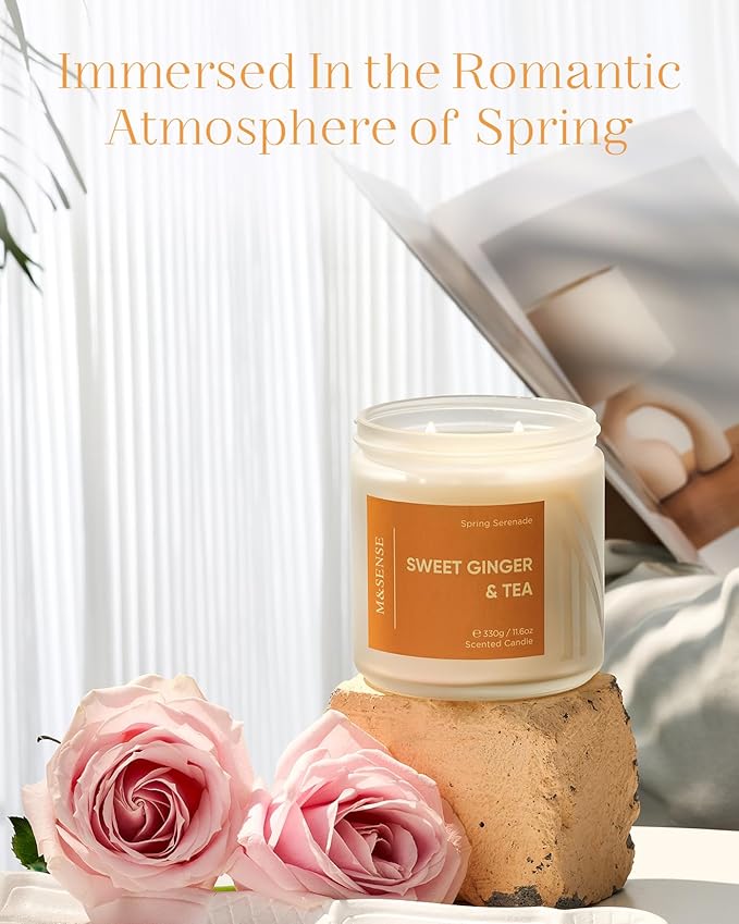 M&SENSE Sweet Ginger Tea Scented Candle - 11.6oz Natural Soy Non Toxic Candle 70-Hour Burn Time, 2 Wick Aromatherapy Housewarming Gifts for Home Decor & Women Men