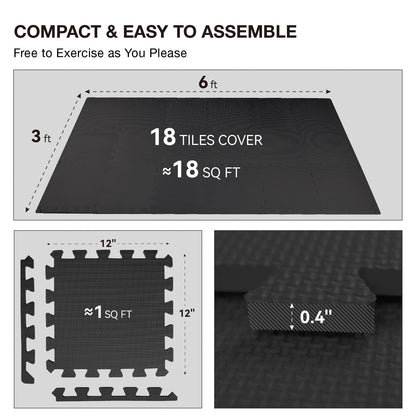 AIRHOP 18 Tiles Gym Floor Mat, EVA Foam Puzzle Gym Mat, High-Density Interlocking Foam Floor Tiles for Home Gym, Play Workout Garage Kitchen Flooring