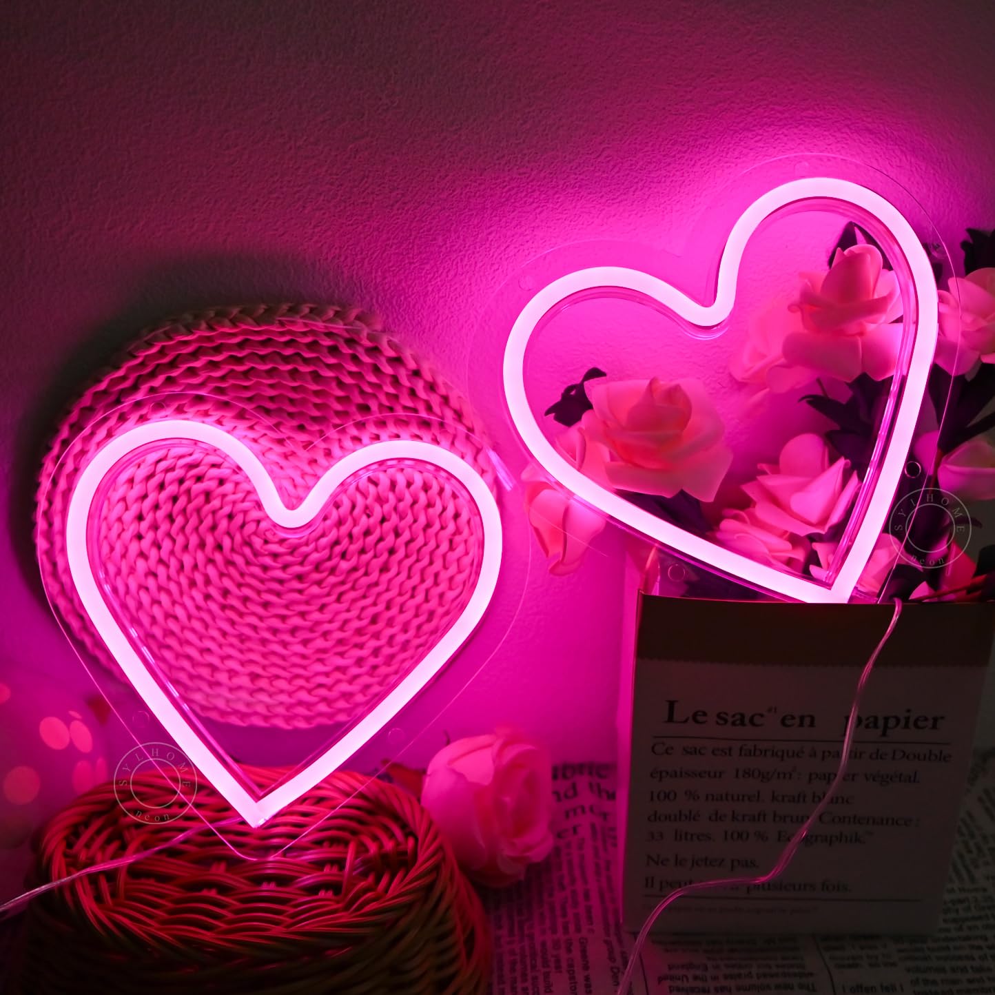 SYLHOME 2 Pack Heart Pink Led Neon Light Sign Battery Operated or USB Powered Bedroom Wedding Wall Sign Decor Valentines Day Birthday Christmas Gifts USB 7.87" X 7.28"