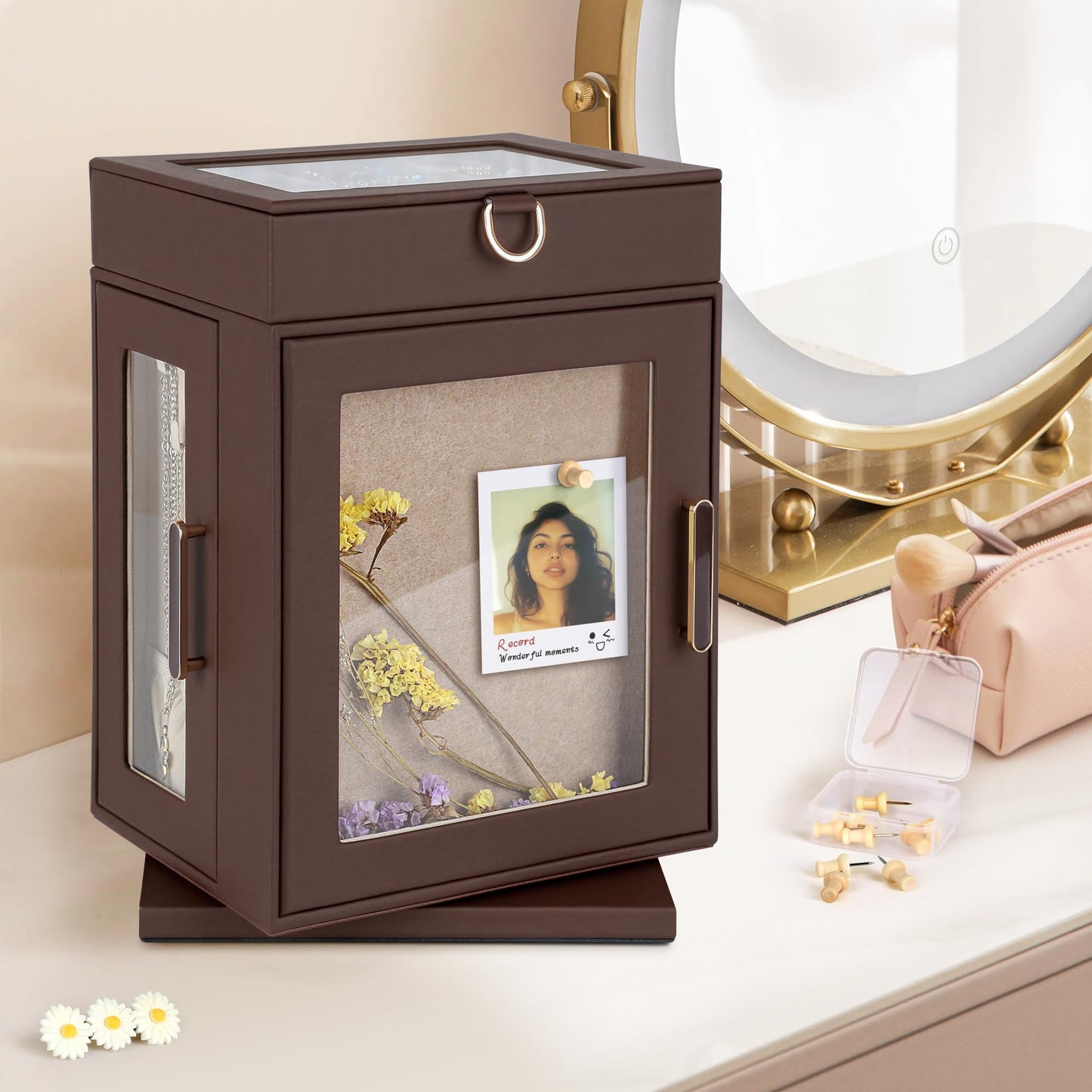 Kendal 360° Rotating Jewelry Box - Brown PU Leather Jewelry Organizer with Shadow Box & Pinboard, Detachable Top Tray, Drawers & Push Pins for Personalized Accessory Display & Storage