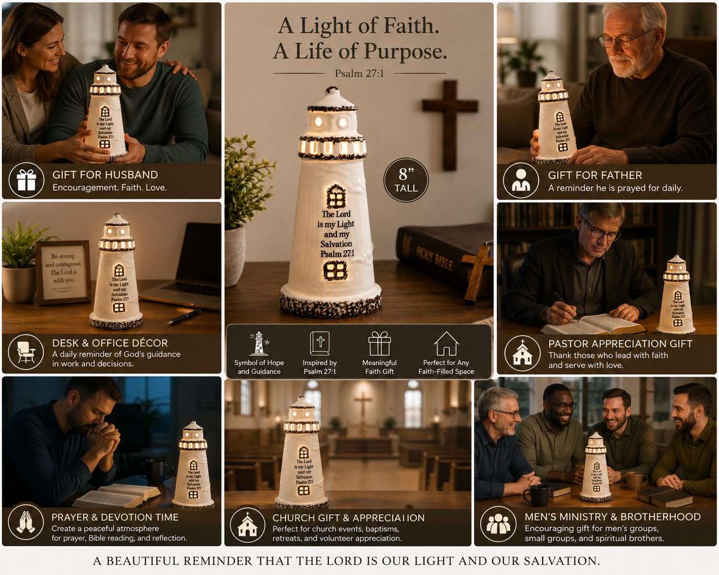 DAILYBREAD Christian Lighthouse Lamp for Men – Psalm 27:1 Scripture LED Lighthouse, Man of God Gift, Christian Gift for Husband, Father, Pastor, Faith-Based Desk Decor 8”H