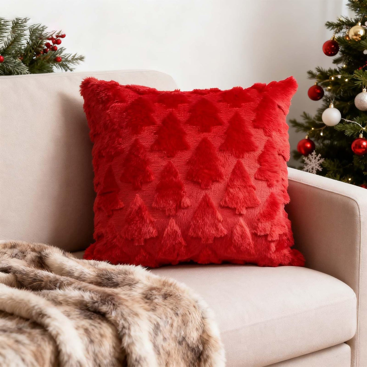 ONFAON Christmas Decorations - Christmas Pillow Covers 18x18 Inch Set of 2 Christmas Tree Decorative Red Soft Plush Faux Fur Throw Pillows Winter Holiday Decor Throw Cushion Case for Home Couch