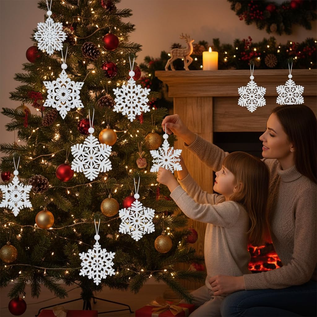 White Wooden Snowflakes Ornaments, Christmas Wood Snowflake for Crafts Hanging Decorations, Christmastree Decoration, Table Scape or Centerpiece Craft Project for Wreath, Winter Scene (16)