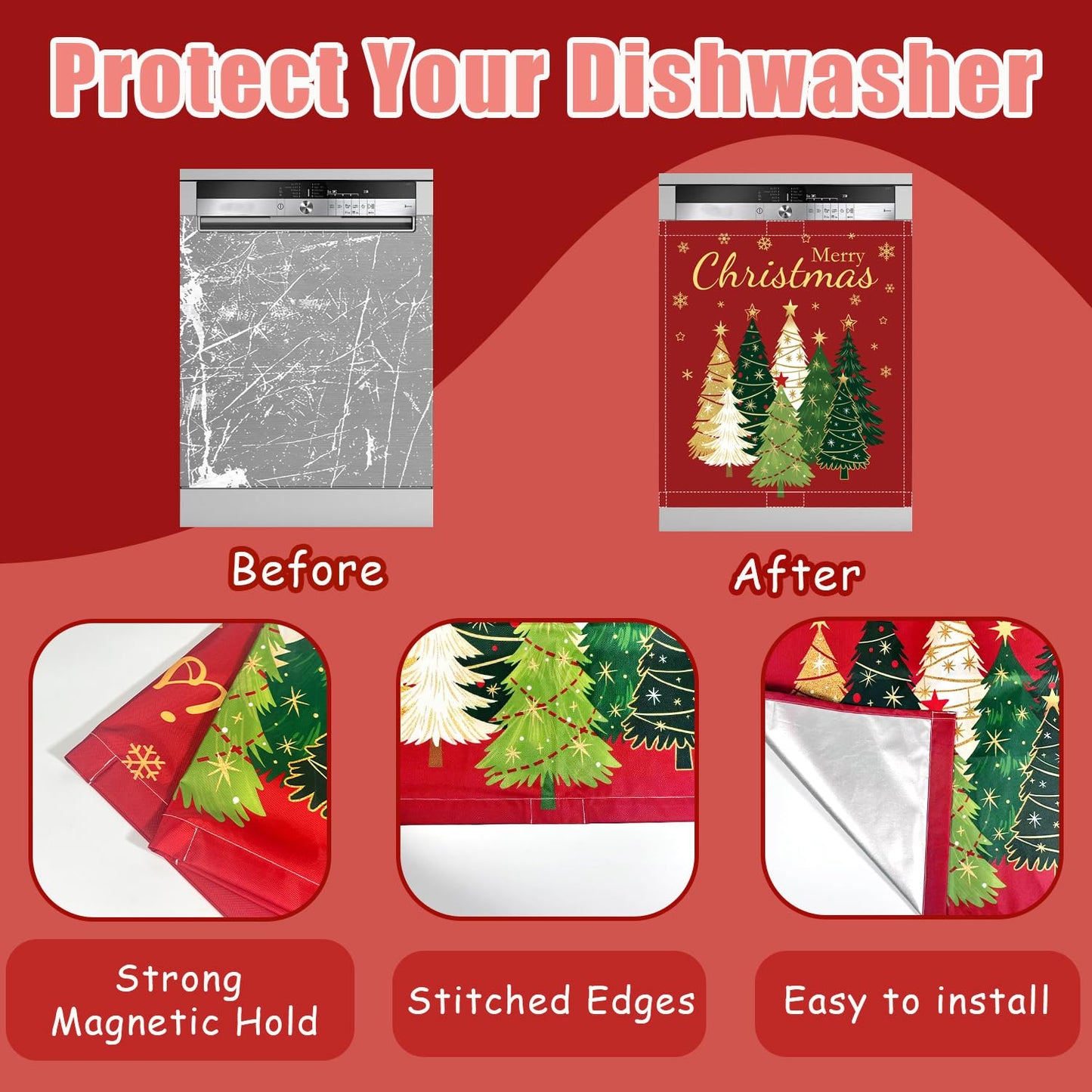 Christmas Tree Magnet Cover 23x26in Merry Christmas Dishwasher Cover for Washers Fridge Panel, Gold Snowflake Magnetic Covers for Kitchen, Reusable Cover, Christmas Holly Evergreen Kitchen Decor