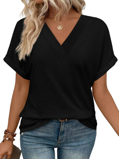 WIHOLL Womens Tops Short Sleeve Shirts Summer Outfits 2025 Fashion Trendy V Neck Dressy Casual Clothes Black S