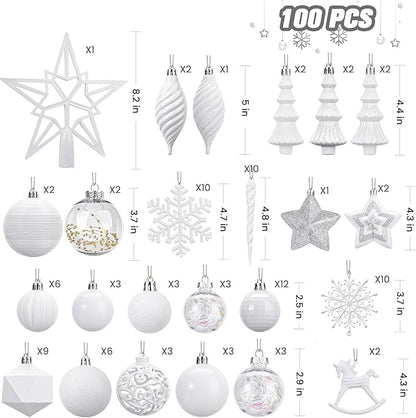 SHareconn 100pcs Christmas Tree Decorations Ornaments Set, Shatterproof Plastic Baubles Decorative Balls for Xmas Tree Decor Holiday Wedding Party, White