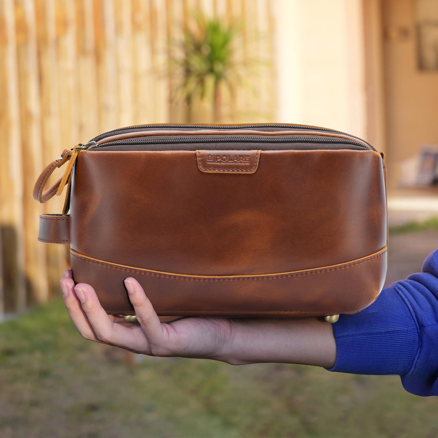 Polare Full Grain Leather Toiletry Bag for Men Large Travel Cosmetic Case Dopp Kit Shaving Kit Wash Pouch with YKK Zippers (Brown)