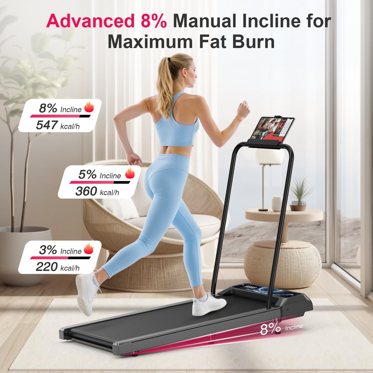 RJOP Walking Treadmill Pad with Incline - Portable Under Desk Treadmill, Walking Mat Pad with Handle Bar, 2.5HP Low Noise, 2 in 1 Treadmills for Home Office