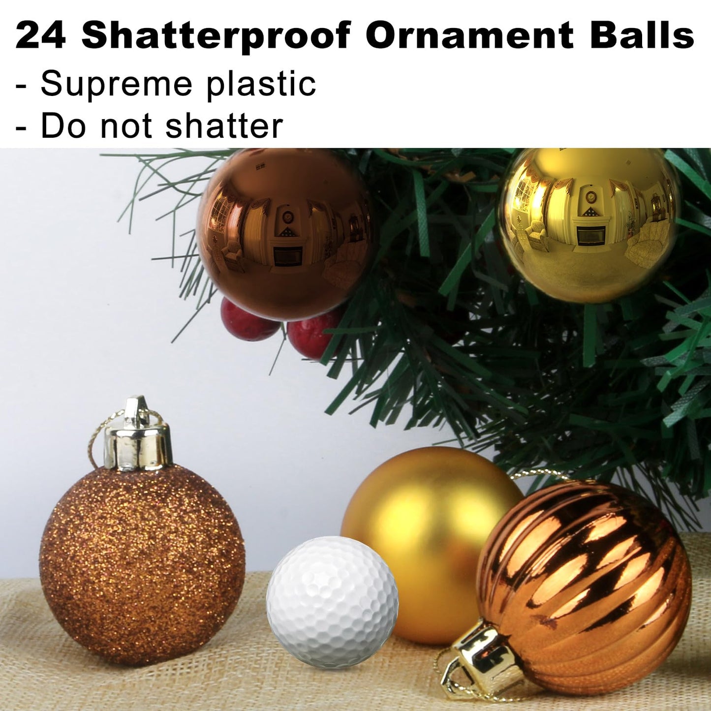 Bronze & Gold 2.5" Christmas Balls Christmas Tree Decoration Ornaments Shatterproof Hanging Balls for Birthday Halloween Holiday Wedding Decorations Set of 24pcs