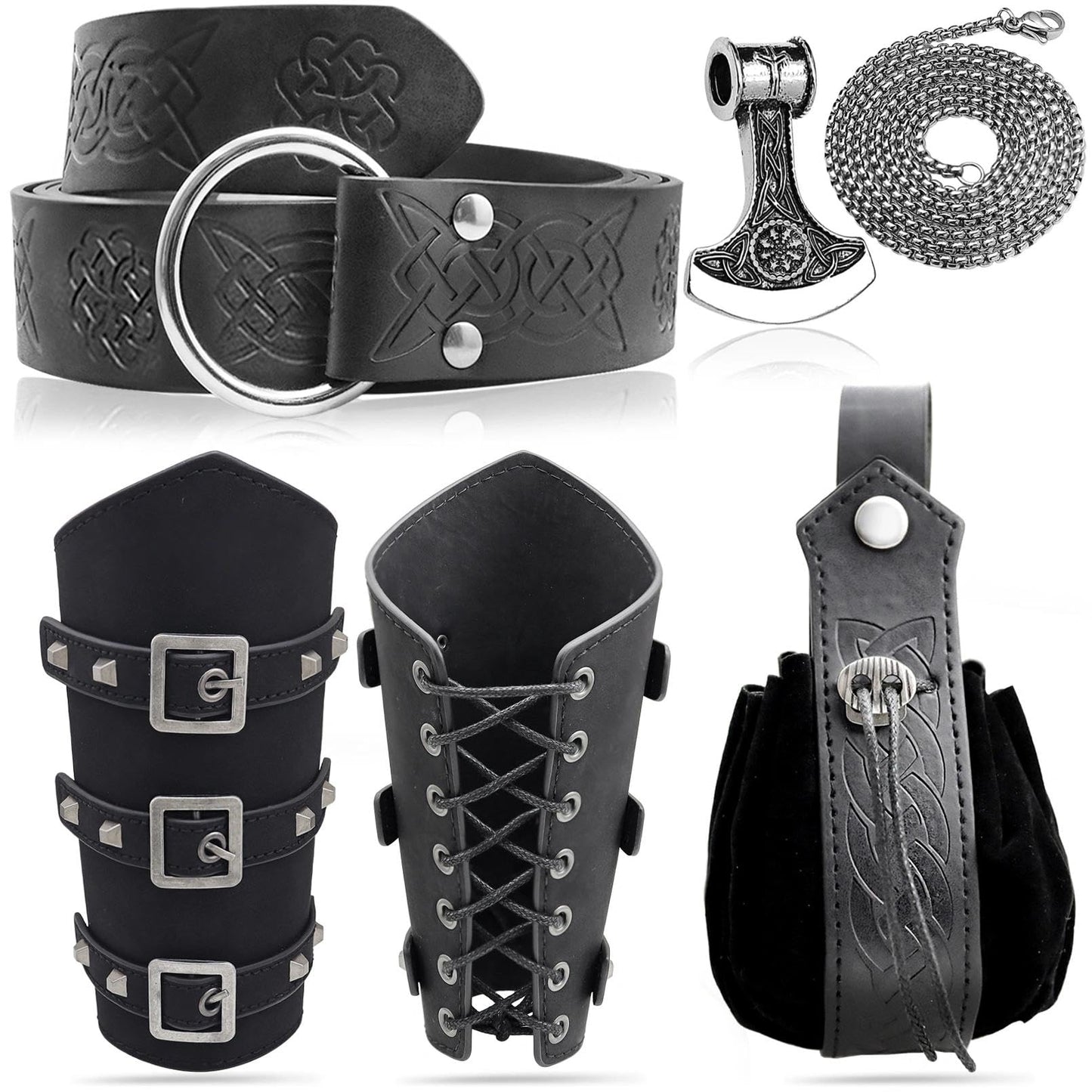 5pcs Medieval Viking Knight Bracers Arm Guards,Knight Belt,Drawstring Purse Pouch Bag and Stainless Steel Chain Axe Necklace Set for Renaissance Faires,LARP events,or Halloween costumes,5 Black set