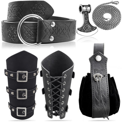 5pcs Medieval Viking Knight Bracers Arm Guards,Knight Belt,Drawstring Purse Pouch Bag and Stainless Steel Chain Axe Necklace Set for Renaissance Faires,LARP events,or Halloween costumes,5 Black set
