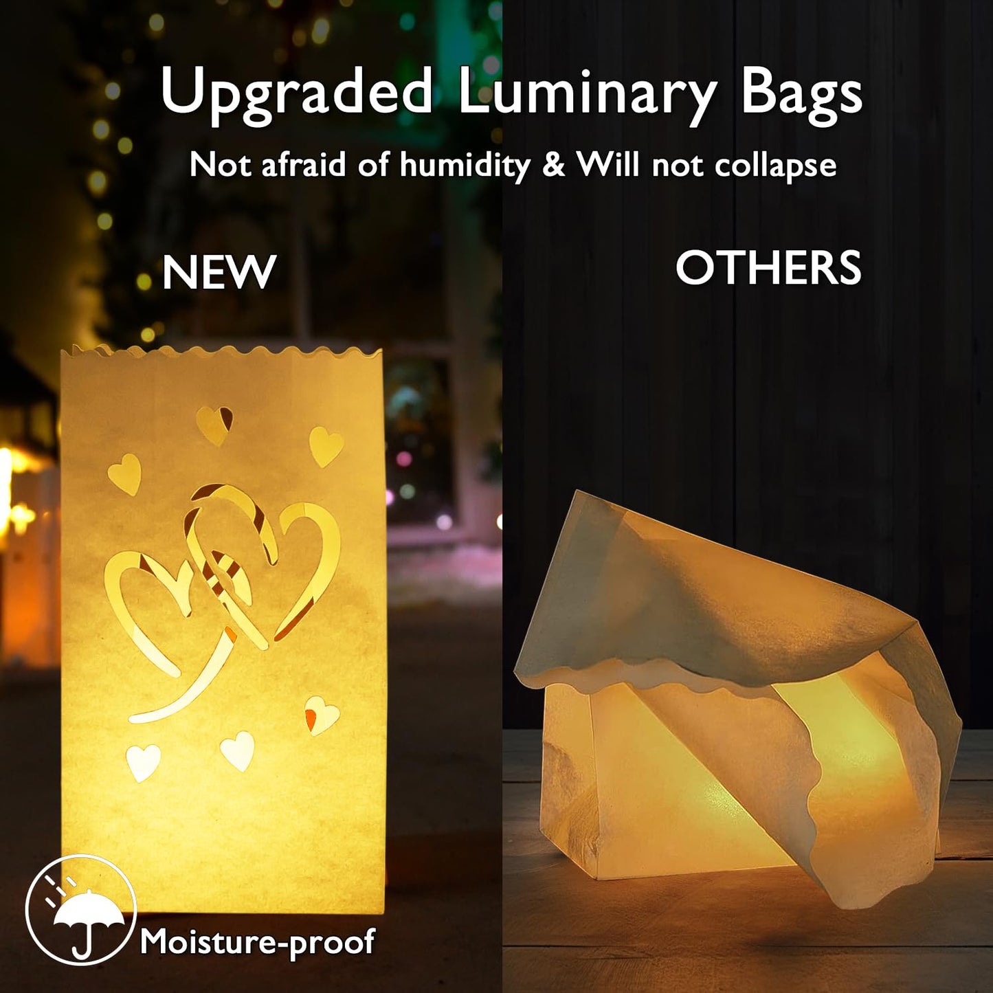 Homemory Valentine's Day 50 PCS White Luminary Bags with Hearts, Upgraded Moisture-Proof Candle Bags, Tea Light Luminaries for Wedding, Halloween, Thanksgiving, Christmas, Party
