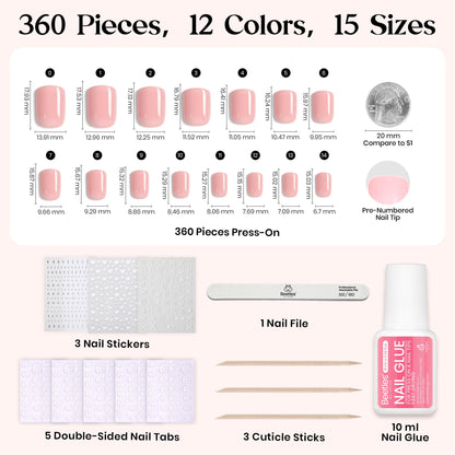 Beetles Press on Nails Kit 720Pcs 24 Colors, Press on Nails Short Almond Glossy Matte Glitter With Nail Glue & Nail Tabs Stickers, Natural Fit Lightweight Fake Nails Kit Art For Women Girls