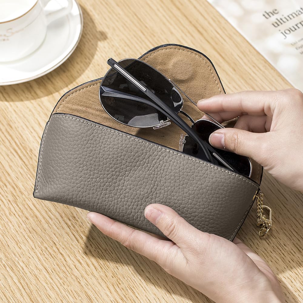 EutDett Genuine Leather Sunglasses Case, Portable Soft Travel Sun Glasses Case with Hanging Hook, Eye Glasses Storage Shell Pouch for Women Men
