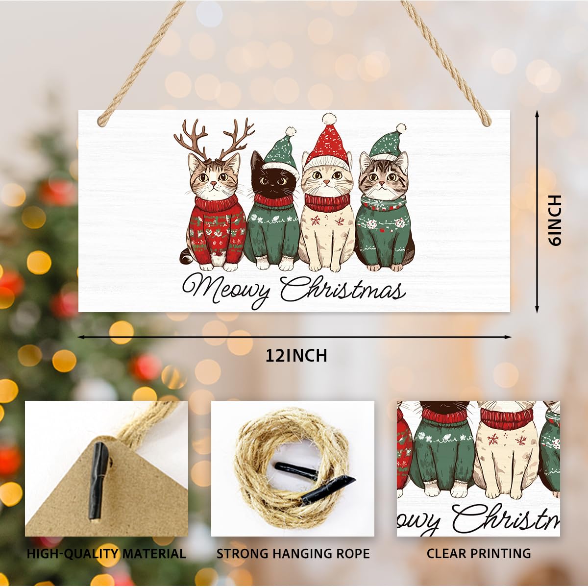 Cute Christmas Cats Decor Merry Christmas Sign Cat Lover Gifts Xmas Tree Party Decoration Winter Decoration Wooden Signs Rustic Hanging Plaque Home Wall 12 x 6 inches