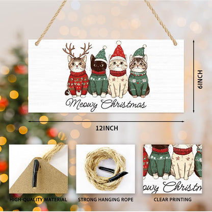 Cute Christmas Cats Decor Merry Christmas Sign Cat Lover Gifts Xmas Tree Party Decoration Winter Decoration Wooden Signs Rustic Hanging Plaque Home Wall 12 x 6 inches