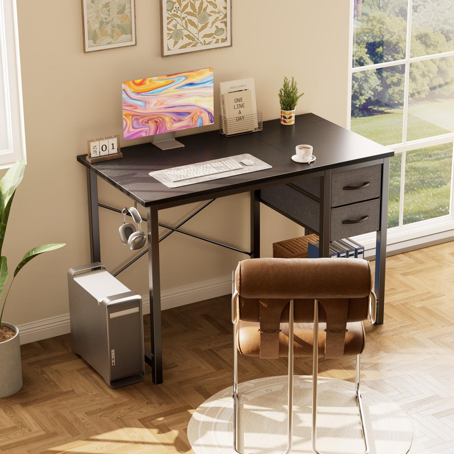 Sweetcrispy 40 Inches Computer Desk with Drawers, Home Office Writing Desk with X-Shaped Reinforcement, Modern Study Work Table with Side Hook, Sturdy Metal Frame, Black