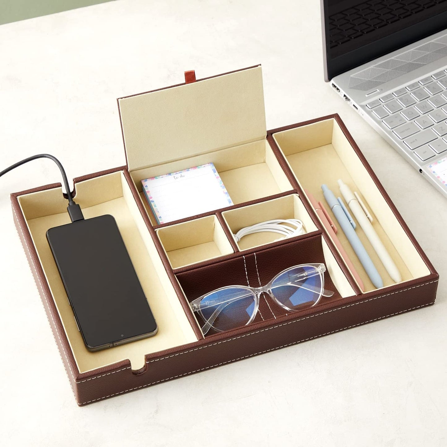Juvale Rectangular Catchall Tray - 6-Compartment Nightstand Organizer - Polished Key Bowl - Portable Drawer Organizer - Brown Faux Leather
