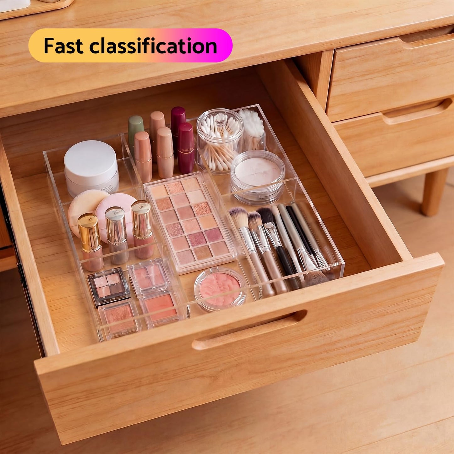 HIIMIEI Acrylic Drawer Organizer, 6 Section Clear Makeup Tray Organizer for Drawer Office Bedroom(11.8x11.8 inch)