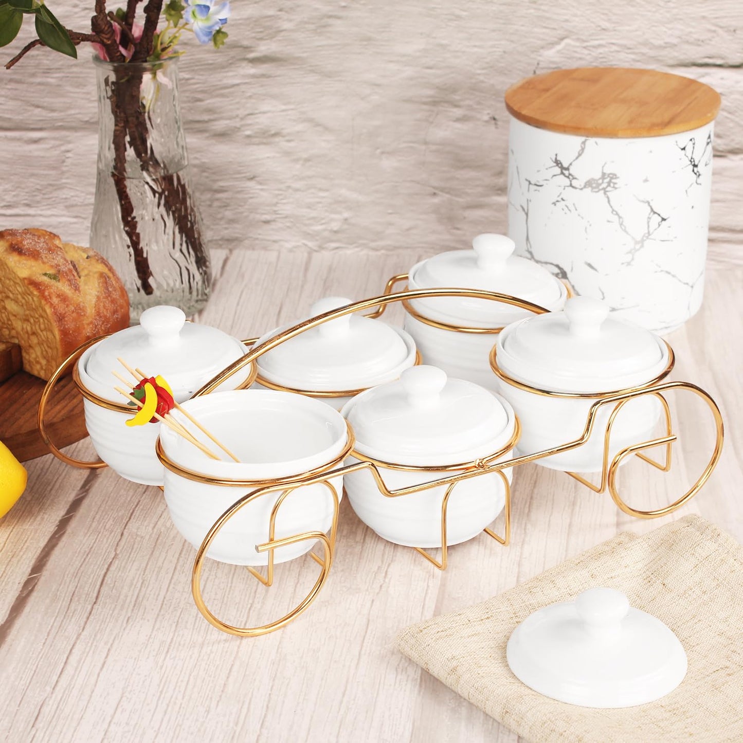 Creativity Home Ceramic Candy Bowls, Condiment/Sugar bowls gold basket Tray, 6 Removable small bowls With cover, For Snack, Dried fruits, nuts, candies and condiments - for parties, Holiday gift