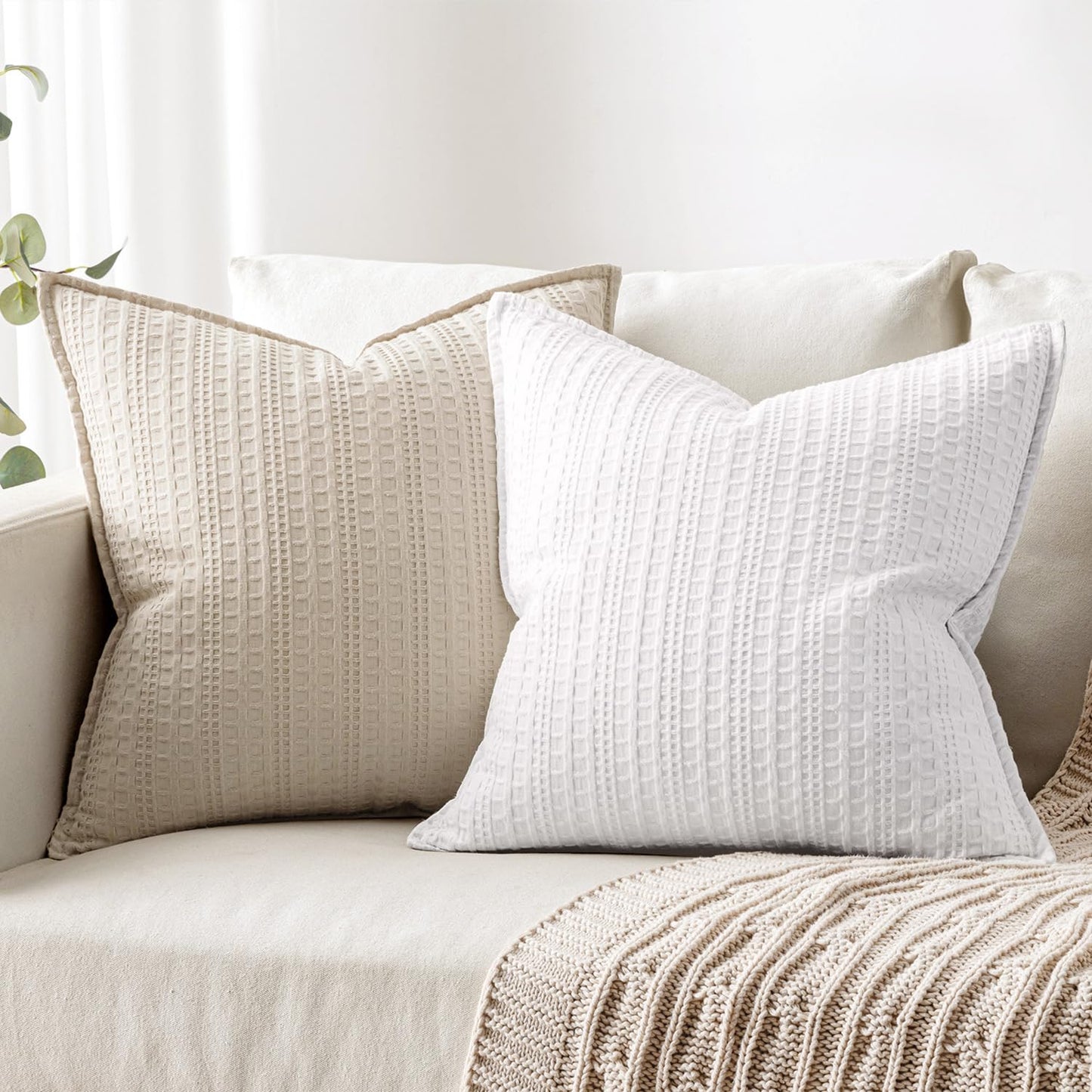 Woaboy Set of 2 Decorative 100% Cotton Waffle Throw Pillow Covers 18x18, Neutral Euro Shams Weave European Cushion Cases for Couch Sofa Bed Modern Farmhouse Home Decor, White