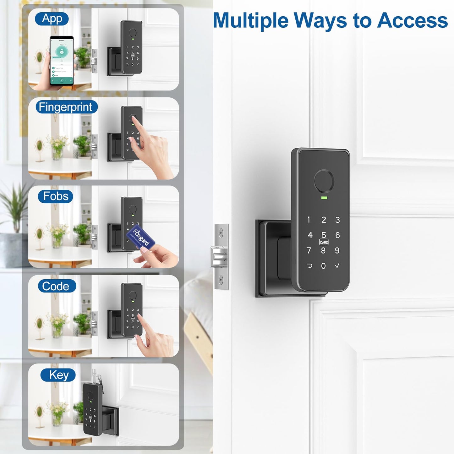 Foxgard Fingerprint Door Lock – 5-in-1 Biometric Smart Lock with Keypad, App Control, Key, Auto-Lock, Electronic Deadlock – Keyless Entry for Bedroom, Office, Indoor Use – Includes 2 IC Cards