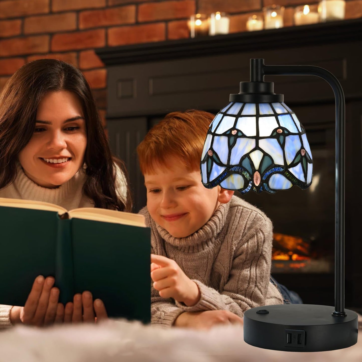 HomeBeauty TL0016 Tiffany Style Stained Glass Table Lamp with USB Charging Ports, Desk Lamp with Blue Baroque Lamp Shade, Retro Nightstand H 14.5" for Bedroom Office, LED Bulb Included (Blue)