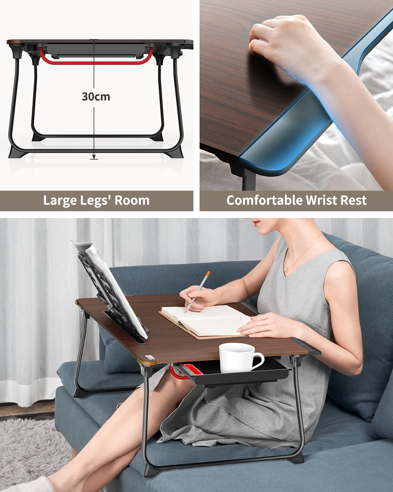 Laptop Desk for Bed, SAIJI XX-Large Foldable Bed Tray Table for Eating Breakfast, Writing, Working, Gaming, Drawing with Storage Drawer, Handrest Bookstand, Tablet Stand, Phone Stand(Black Cherry)