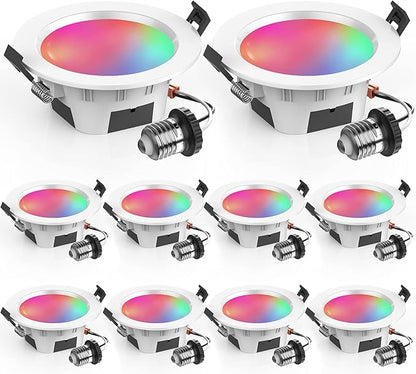 3 Inch Smart Recessed Light 10Pack, RGBCW, 2700K-6500K CCT Selectable, Dimmeble, Multicolorred Color Changing LED Downlight, New Construction or Remodel Canless Recessed Downlight