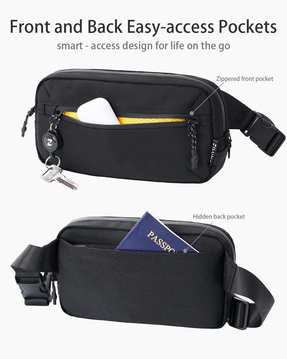 2L Sling Bag for Men & Women - Anti-Theft RFID Blocking Fanny Pack with Lockable Zippers, Water Resistant Lightweight Crossbody Bag for Travel Hiking Running Gym Walking Daily Use(Black)