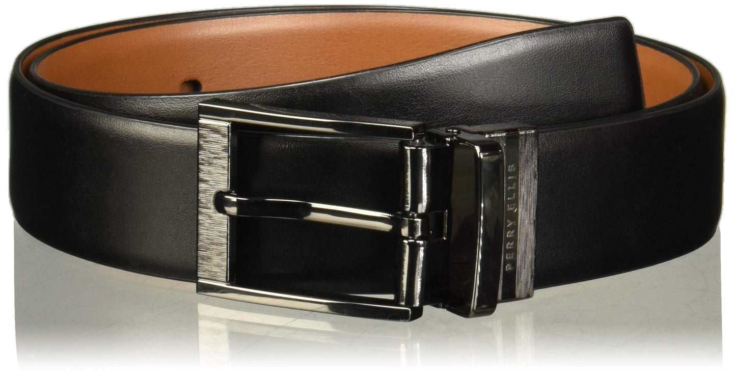 Perry Ellis Portfolio Feather Edge Leather Men's Belt, Reversible with Etched Buckle, Soft Touch Material (Sizes 30-54 Inches Big & Tall), Black / Brown Reversible, 32