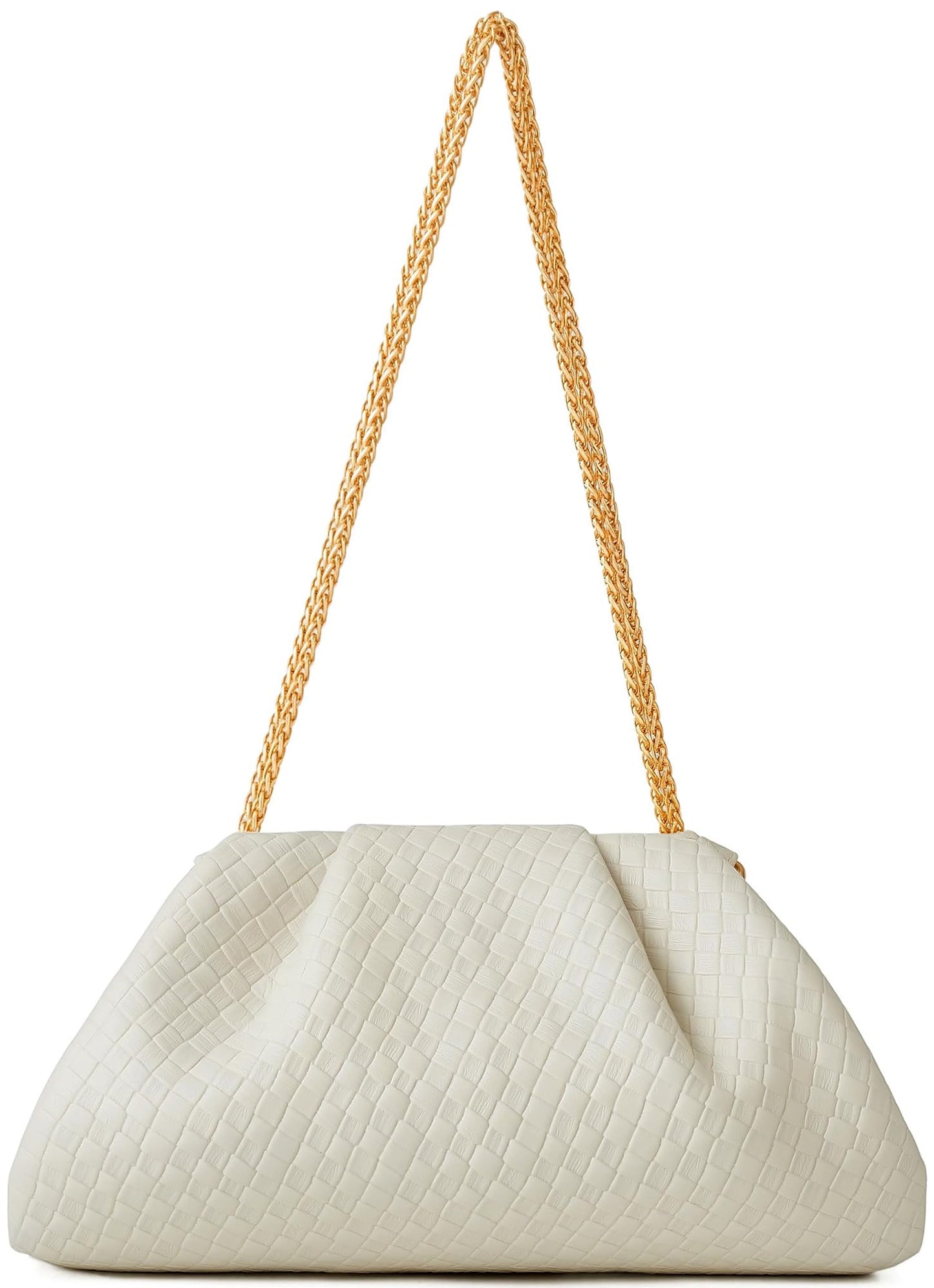 ChrisWish Women's Woven Evening Bag Ruched Dumpling Clutch Purse Detachable Chain Crossbody Bag(Beige White)