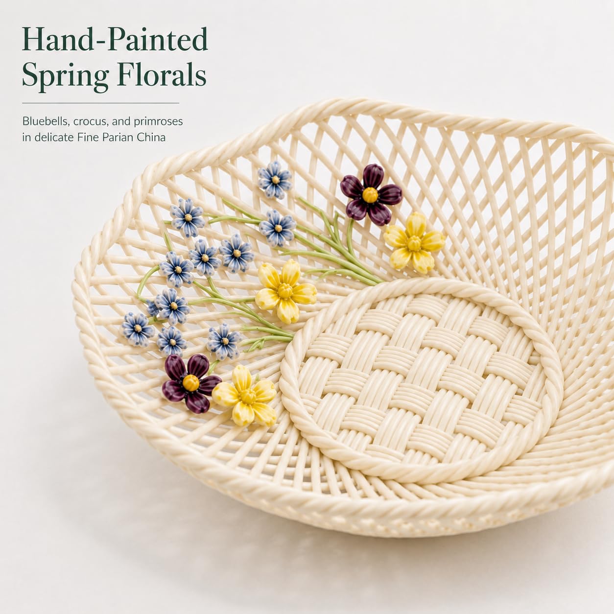 Belleek Classic Wild Irish Hedgerow Spring Basket - Boho Room Decor, Handmade Flower Basket, Decorative Storage Baskets for Bedroom and Bathroom Decor, 7”D x 1.5”H
