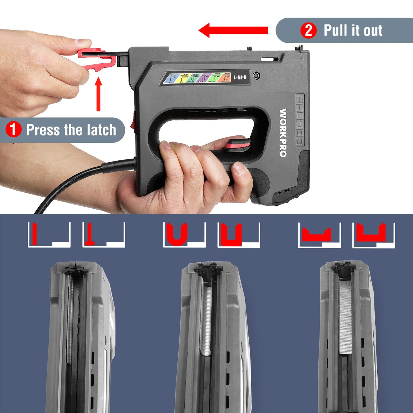 WORKPRO 6 in 1 Staple Gun, Electric Stapler Tacker, 110V Corded Brad Nailer for DIY Project of Woodworking, Staples Excluded